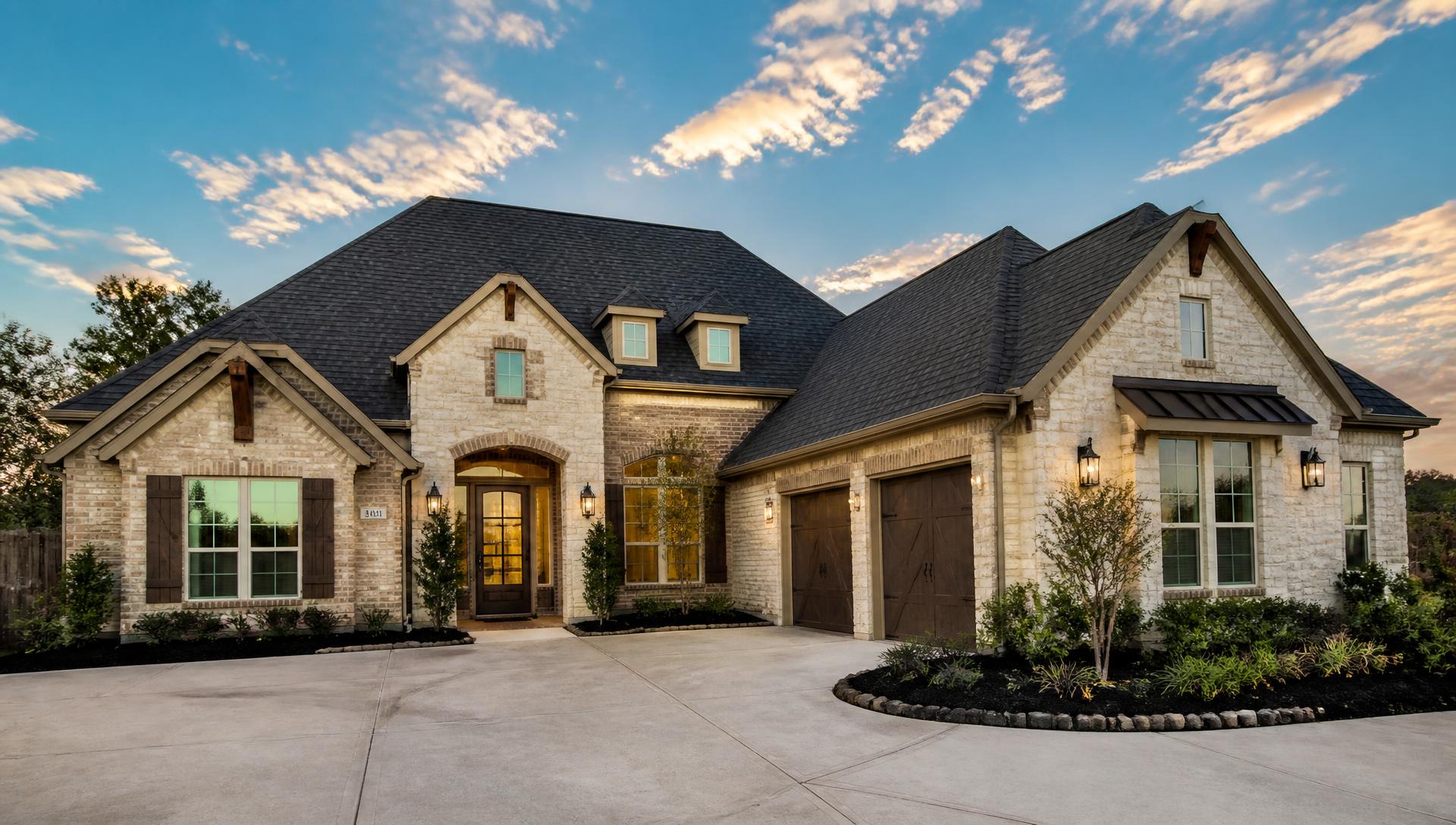 New architectural shingle roof on an upscale Texas home at golden hour